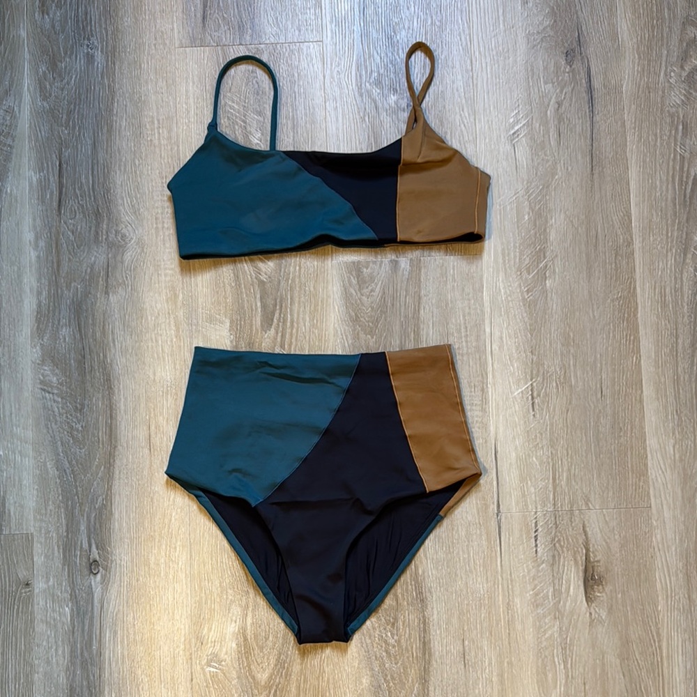 Left On Friday Colorblock Bikini - Teal, Black, Brown